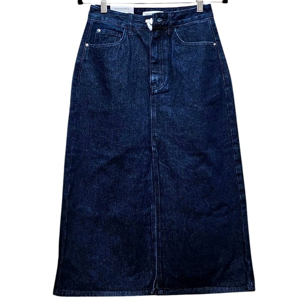 WeWoreWhat Denim Midi Skirt S Dark‎ Wash Cotton Blend Front & Back Pockets